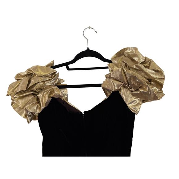 Vintage Steppin' Out Mini Dress size *9 small black velvet gold 80s puff sleeve - Picture 4 of 7